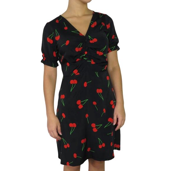 1990s Vintage Black Sweetheart Cherry Pattern A-Line Short Sleeve Mini Dress XS - Picture 7 of 7